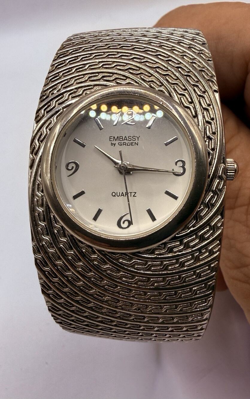 Women's Embassy by Gruen Round White Dial Silver Tone Wide Cuff Bangle Watch
